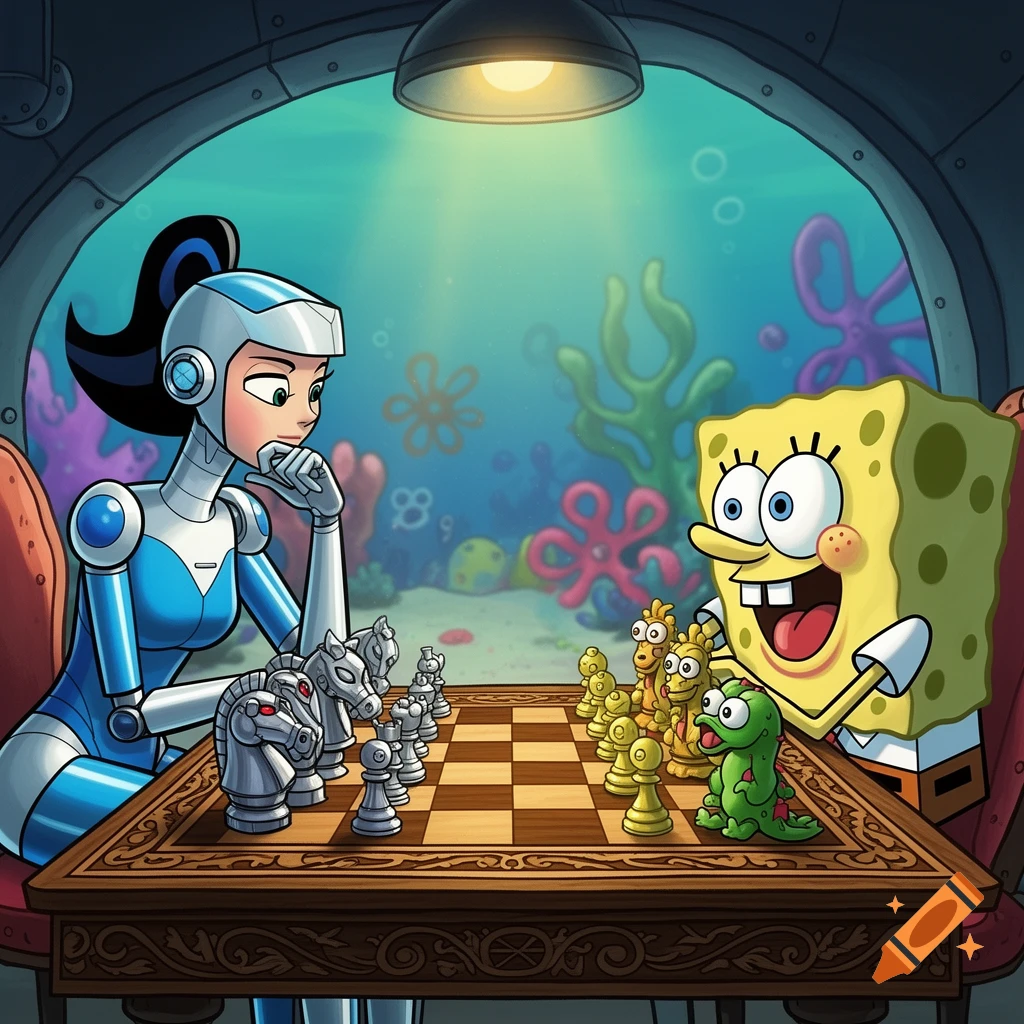 Jenny Wakeman and SpongeBob play chess at a table, looking out a submarine window at colorful coral and sea creatures. Cartoon style.
