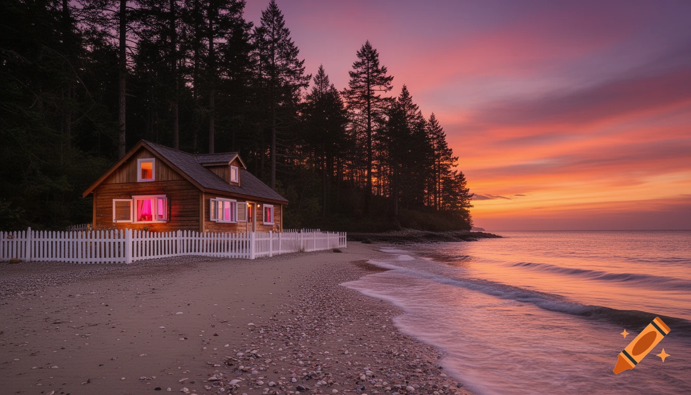 A cozy wooden house with a white picket fence sits on a sandy beach beside the ocean, backed by a forest, under a vibrant sunset sky.