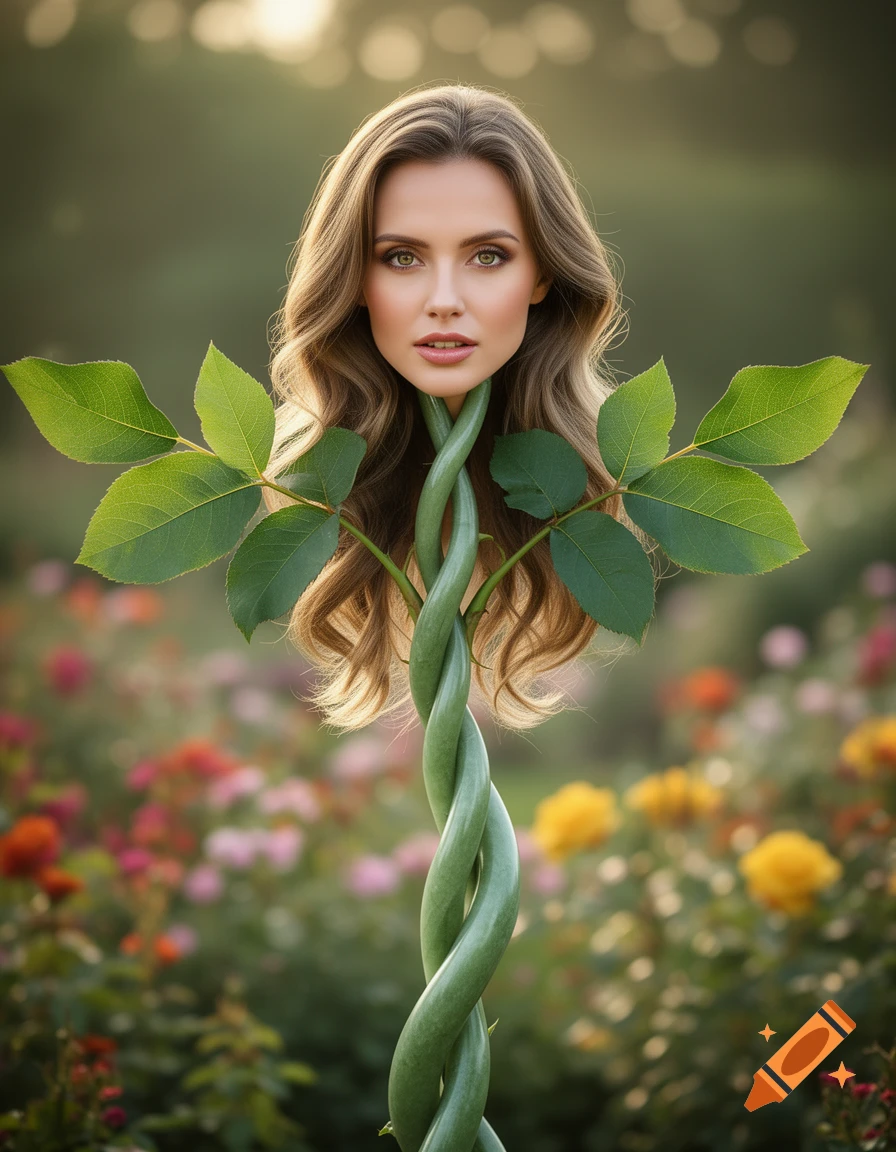 A woman's head with flowing hair emerges from a twisting green plant stem with large leaves, set against a blurred garden background.