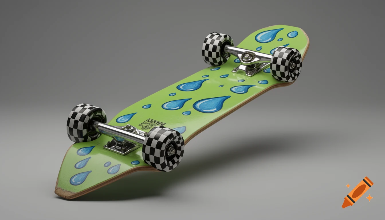 A lime green skateboard with blue painted water drops and checkered wheels, seen from an angled perspective against a grey background.