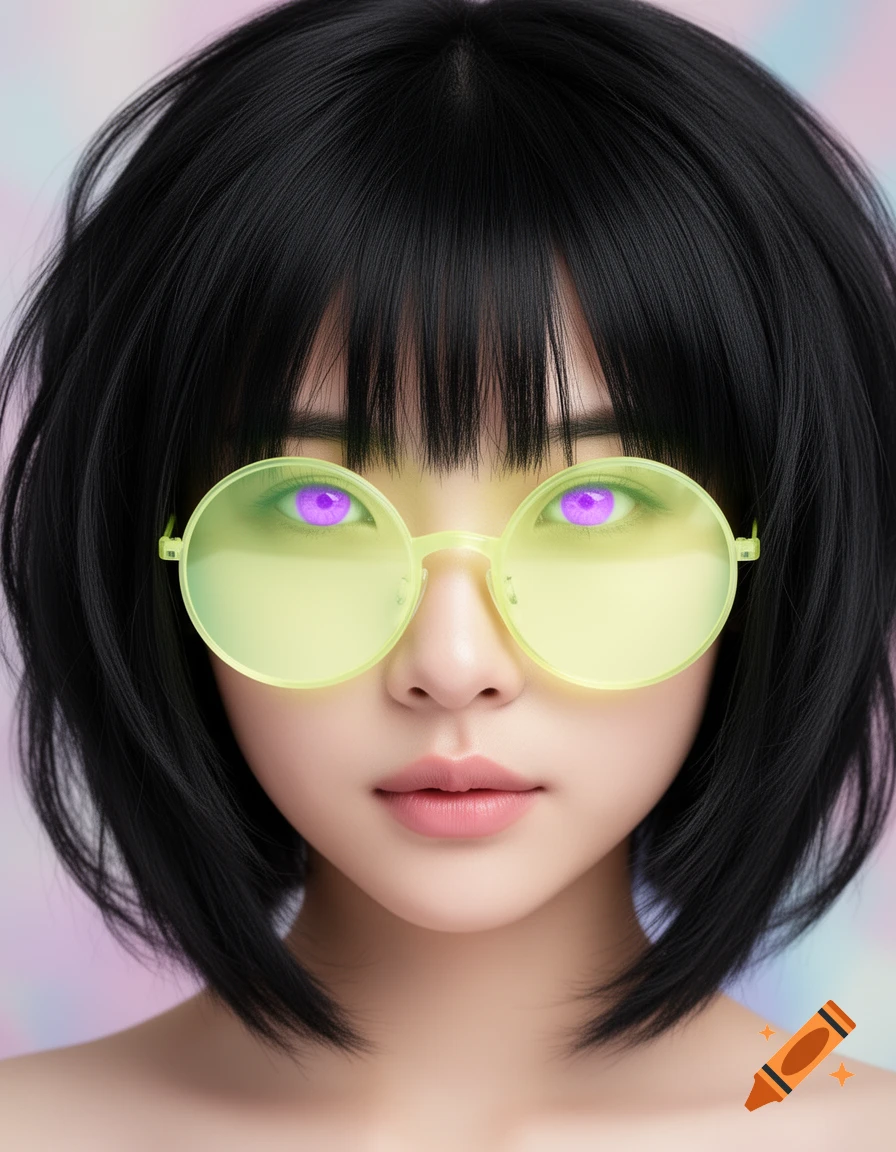 Hyperrealistic portrait of an Asian girl with black bangs, neon yellow spherical sunglasses, and purple eyes.