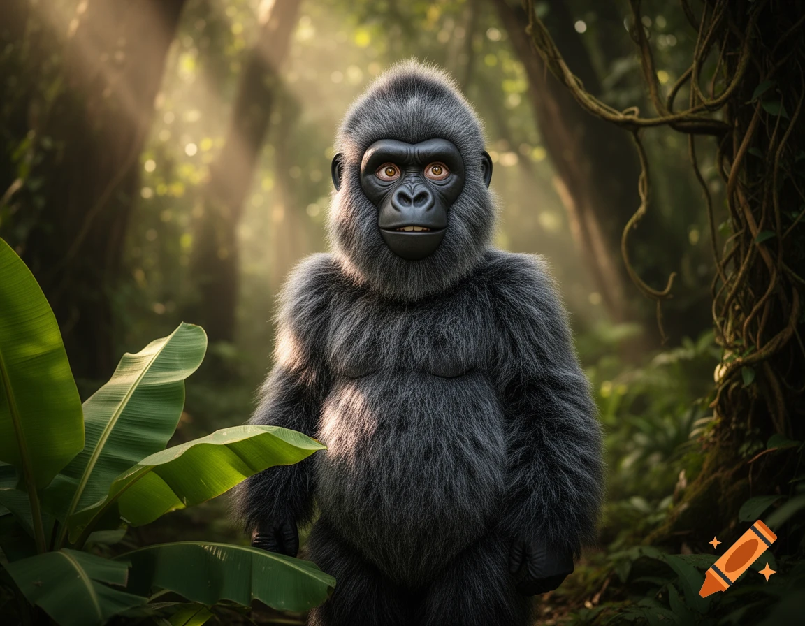 A cute, photorealistic cartoon gorilla with brown eyes stands smiling in a sunlit green jungle.