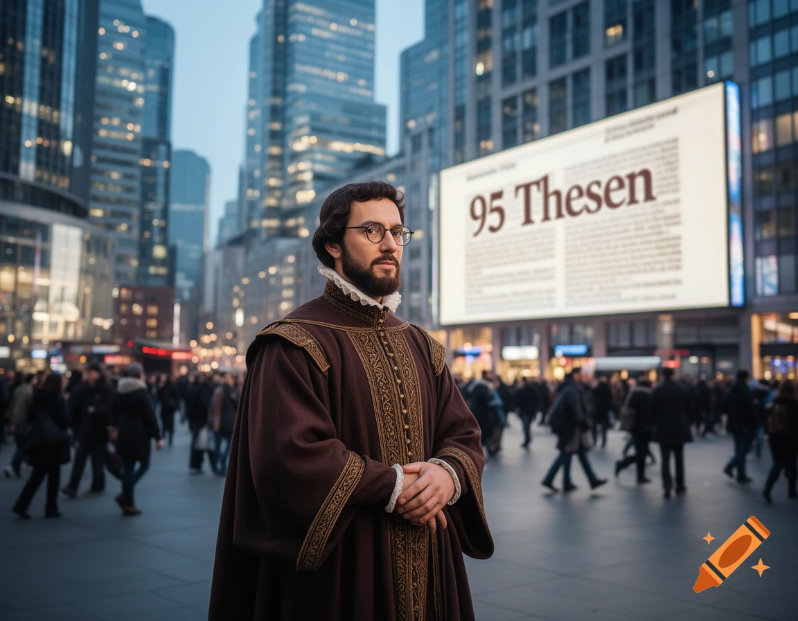 A man in historical brown robes and glasses stands in a modern city street with a billboard displaying '95 Thesen' behind him.