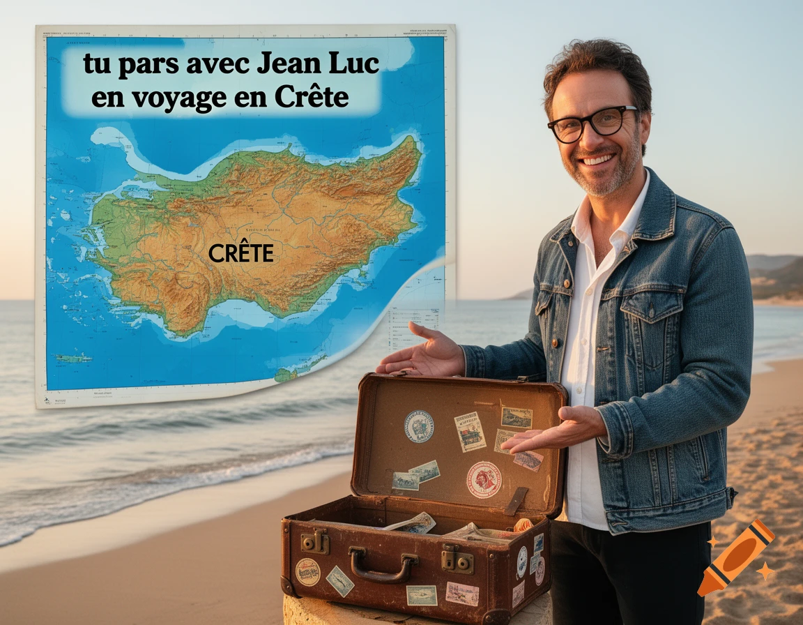 A smiling man on a beach points at an open suitcase and a map of Crete with text 'tu pars avec Jean Luc en voyage en Crête'.