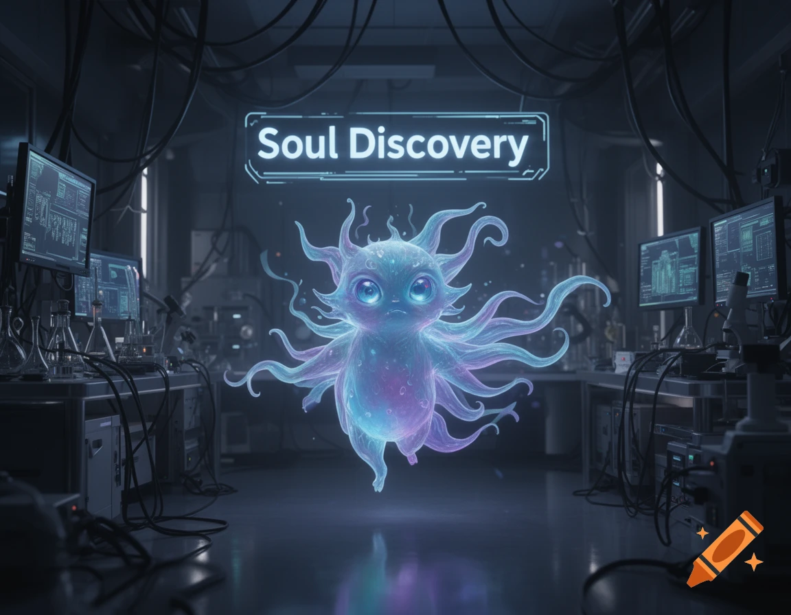 A glowing, cute, tentacled creature floats in a futuristic lab under a "Soul Discovery" sign, digital art.