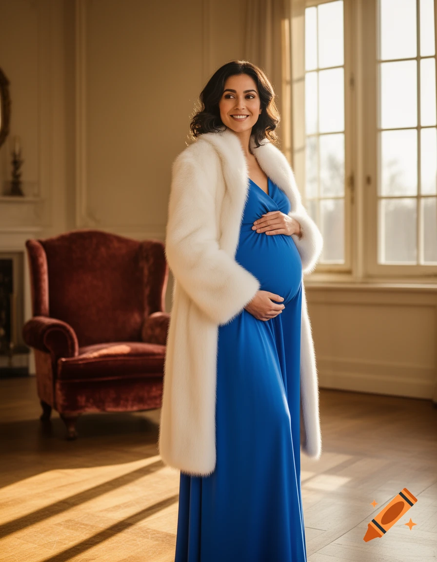 A smiling pregnant woman in a blue dress and white fur coat stands in a sunlit room, holding her belly.
