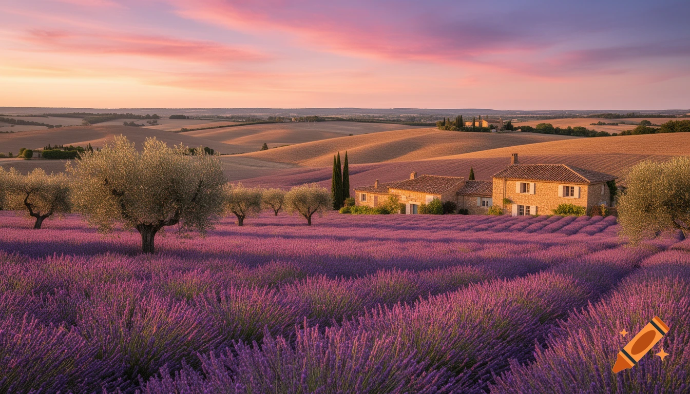 Photorealistic landscape of vibrant purple lavender fields with olive trees and stone houses under a pastel sunset sky.