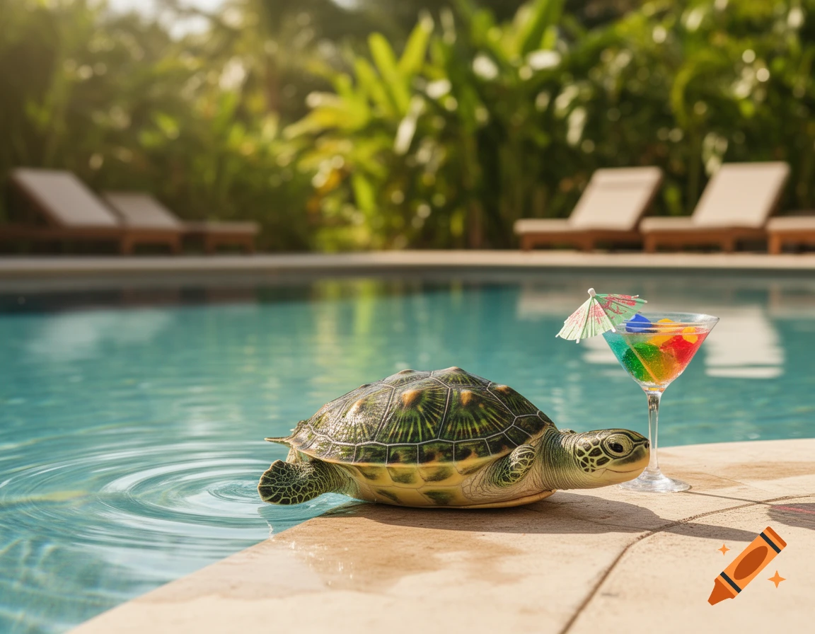 A photorealistic green sea turtle rests at the edge of a swimming pool next to a colorful cocktail with a mini umbrella. Lush tropical foliage and lounge chairs are in the blurred background.