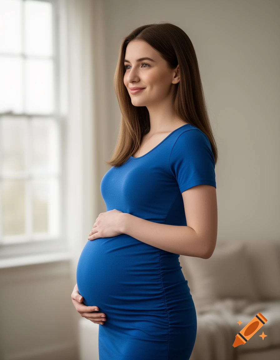 Photorealistic image of a pregnant woman with brown hair in a blue dress, gently holding her belly while looking out a window.