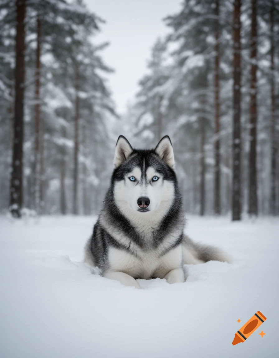 Photorealistic image of a husky with blue eyes lying in deep snow in a winter forest, looking forward.