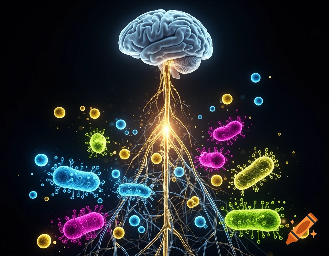 Glowing human brain and golden neural pathways surrounded by vibrant blue, green, and pink microorganisms and molecules on a dark background.