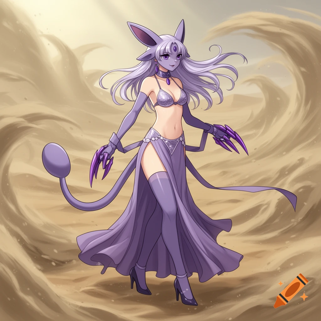 Anime-style Espeon humanoid in a purple belly dancer outfit with claws, standing in a desert sandstorm.