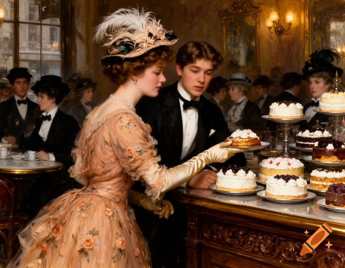 An Edwardian couple in an oil painting style. A woman in a floral gown and feathered hat offers a cake to a man in a tuxedo at a cafe counter filled with pastries.