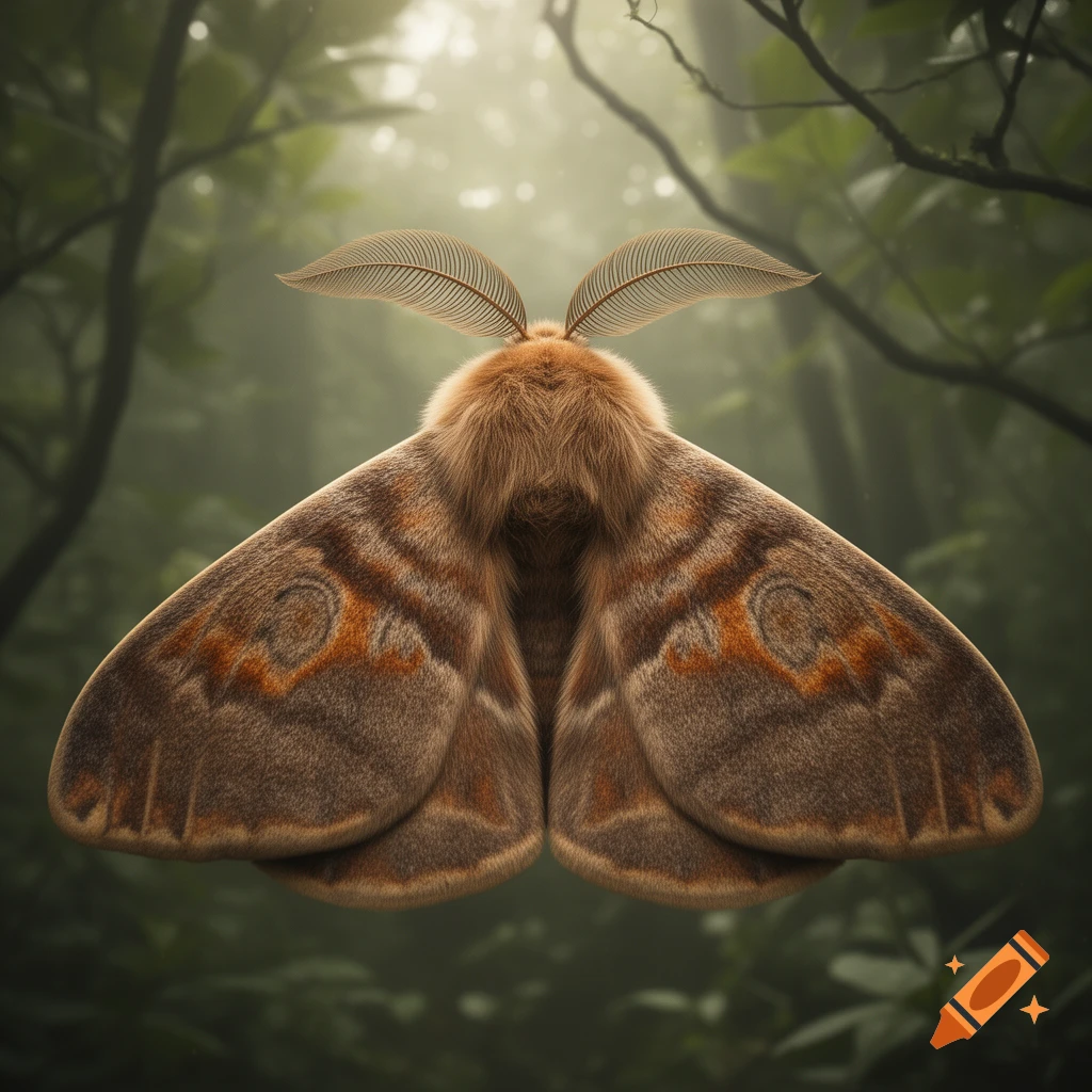 A large, fluffy brown moth with patterned wings and feathery antennae hovers in a misty green forest.