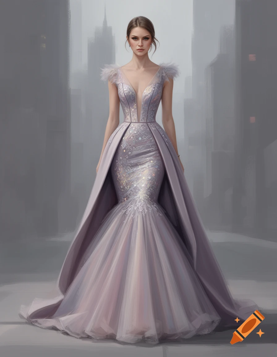 A woman in a shimmering lavender mermaid gown with a flowing overskirt stands against a blurred city background.