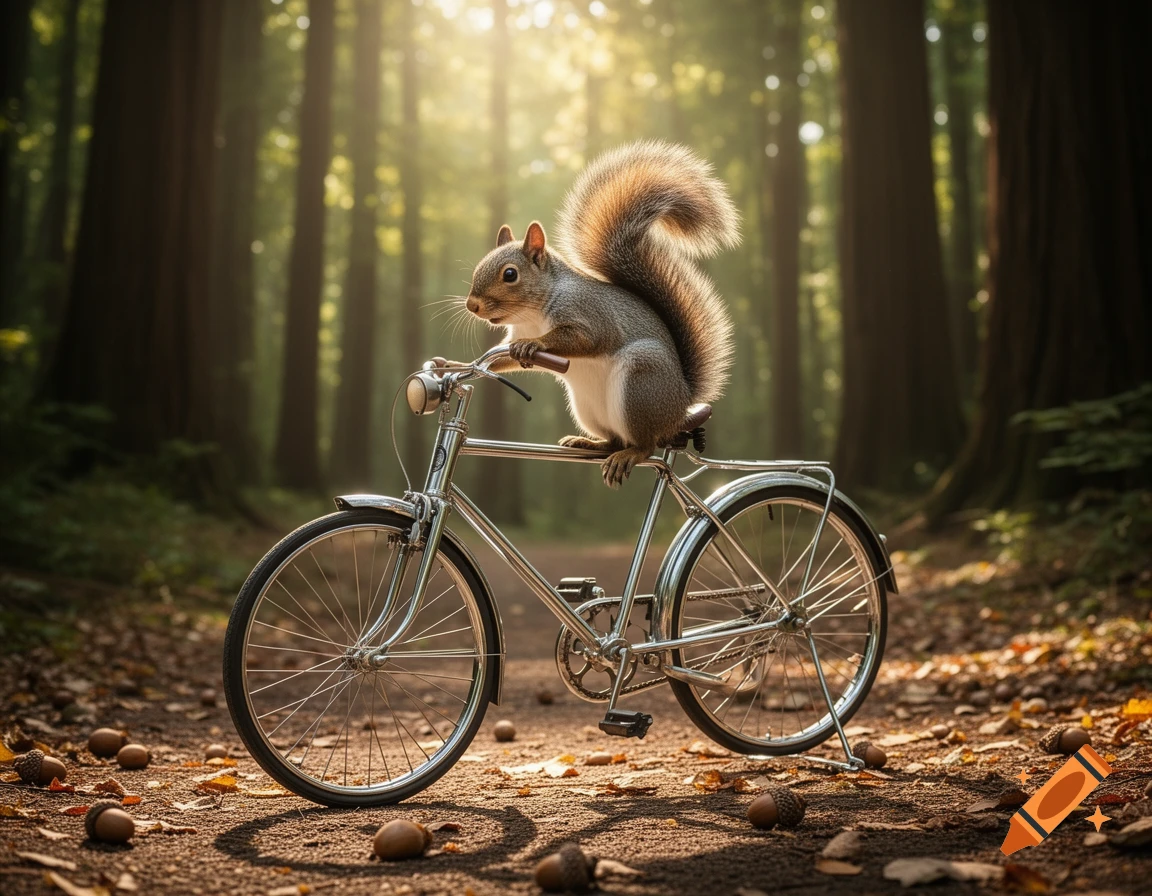 A photorealistic squirrel rides a small bicycle on a dirt path in a sun-dappled forest.