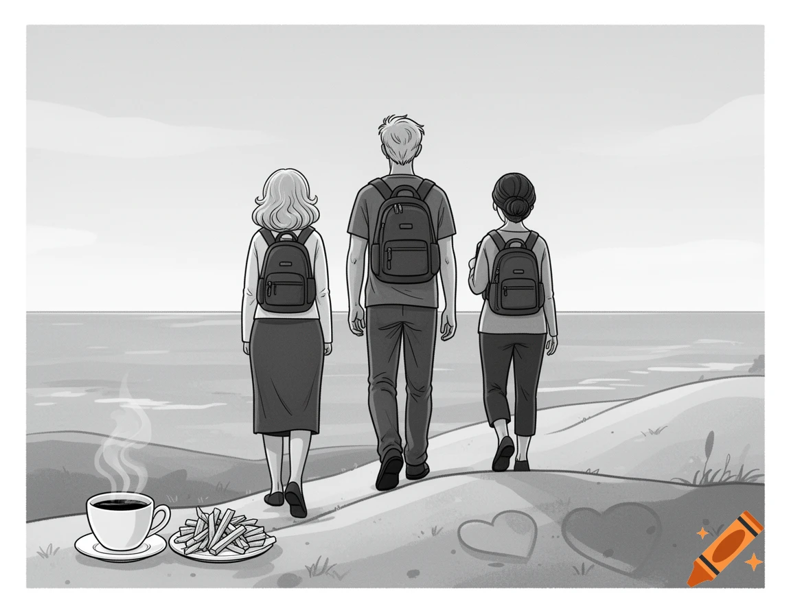 Black and white illustration of three hikers with backpacks walking on a coastal path. A cup of coffee, fries, and sand hearts are in the foreground.