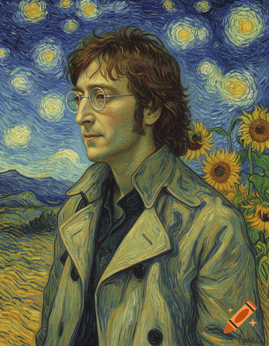 Portrait of John Lennon with round glasses, rendered in Vincent Van Gogh's swirling, starry night style, with sunflowers in the background.