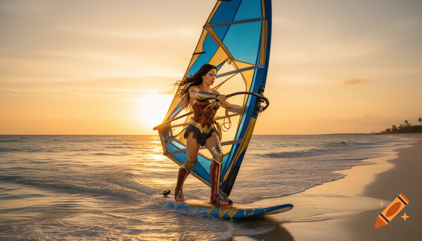 Wonder Woman windsurfing on a surfboard in the ocean near a sandy beach at sunset, with a bright golden sky.