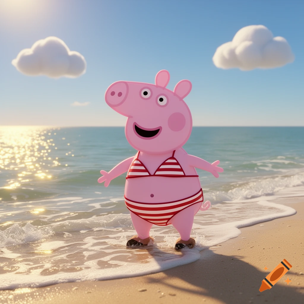 Peppa Pig in a red and white striped bikini stands in shallow ocean water on a sandy beach under a clear blue sky with fluffy clouds.
