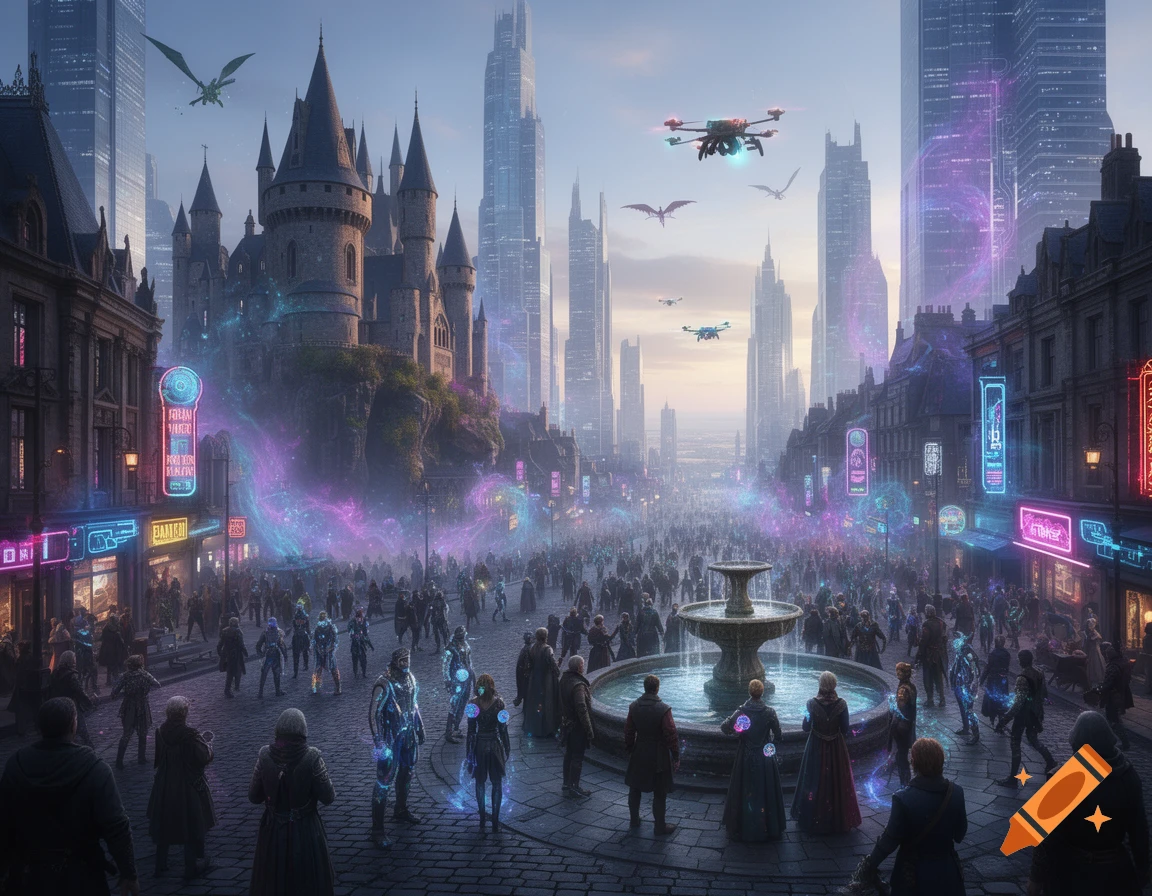 A bustling futuristic city with a large medieval castle at its center, surrounded by tall skyscrapers. Drones and dragons fly overhead, while people with glowing accents fill the street, illuminated by neon signs and mystical purple and blue energy.