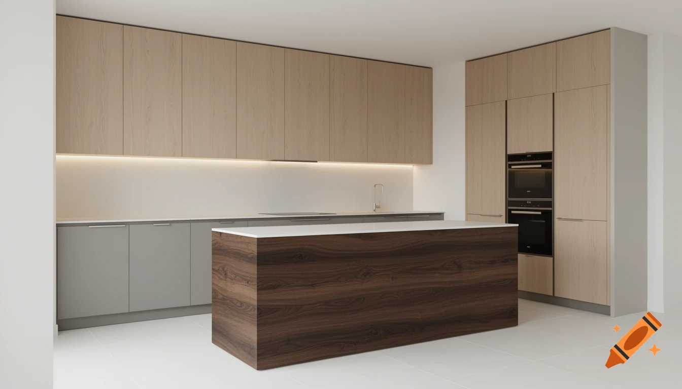 Photorealistic modern kitchen with light wood upper cabinets, gray lower cabinets, a dark wood island, and built-in ovens.