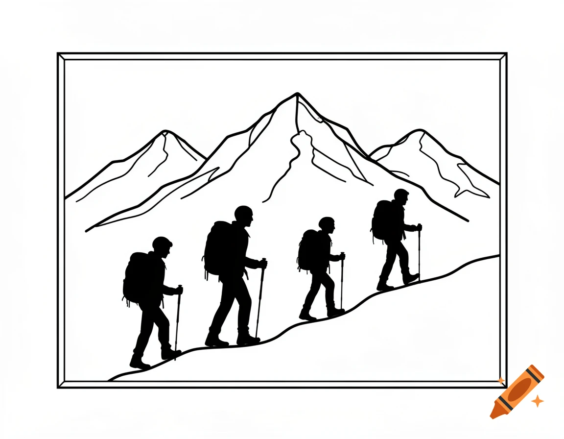 Minimalist black and white line art depicts four silhouetted hikers ascending a mountain with peaks in the background, framed.