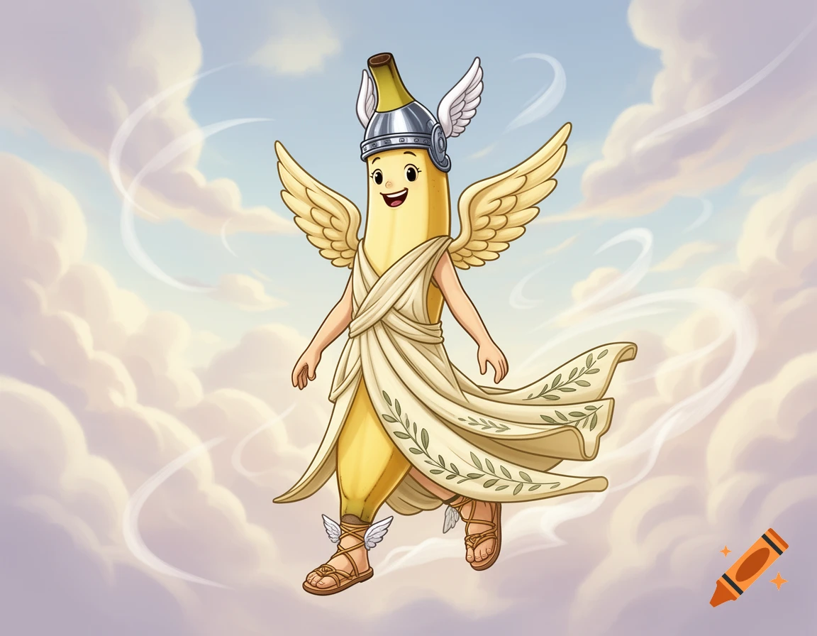A smiling cartoon banana character, dressed as a winged goddess with a helmet, toga, and sandals, floats in a cloudy sky.