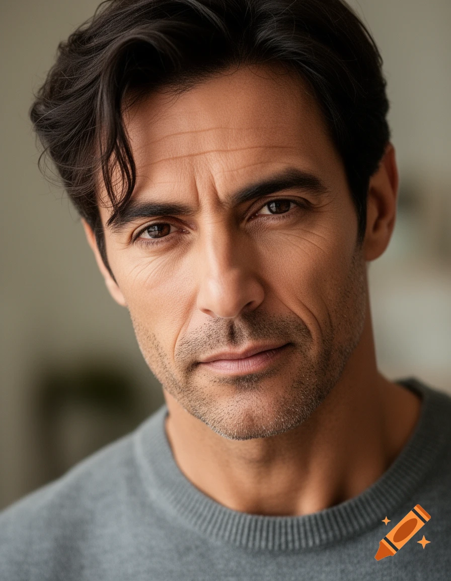 Close-up photorealistic portrait of a man with dark wavy hair and stubble, wearing a grey sweater, looking forward.
