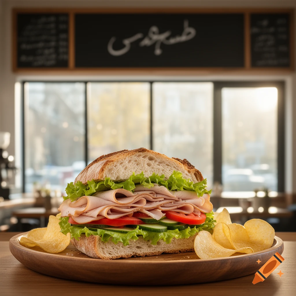 A close-up of a large turkey and vegetable sandwich with potato chips on a wooden plate in a sunny cafe, photorealistic style.