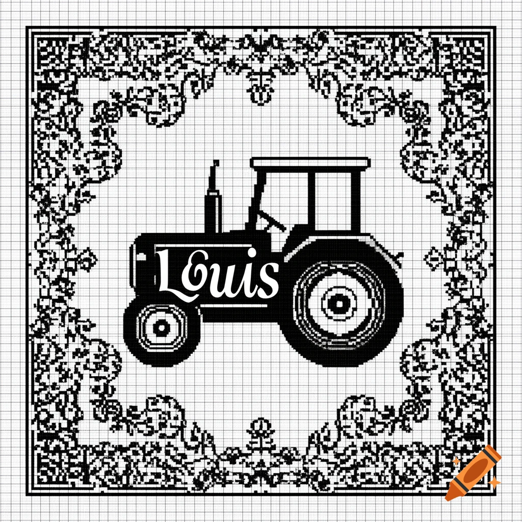 Black and white crochet pattern diagram featuring a tractor with the name 'Louis' on its side, surrounded by decorative floral motifs.