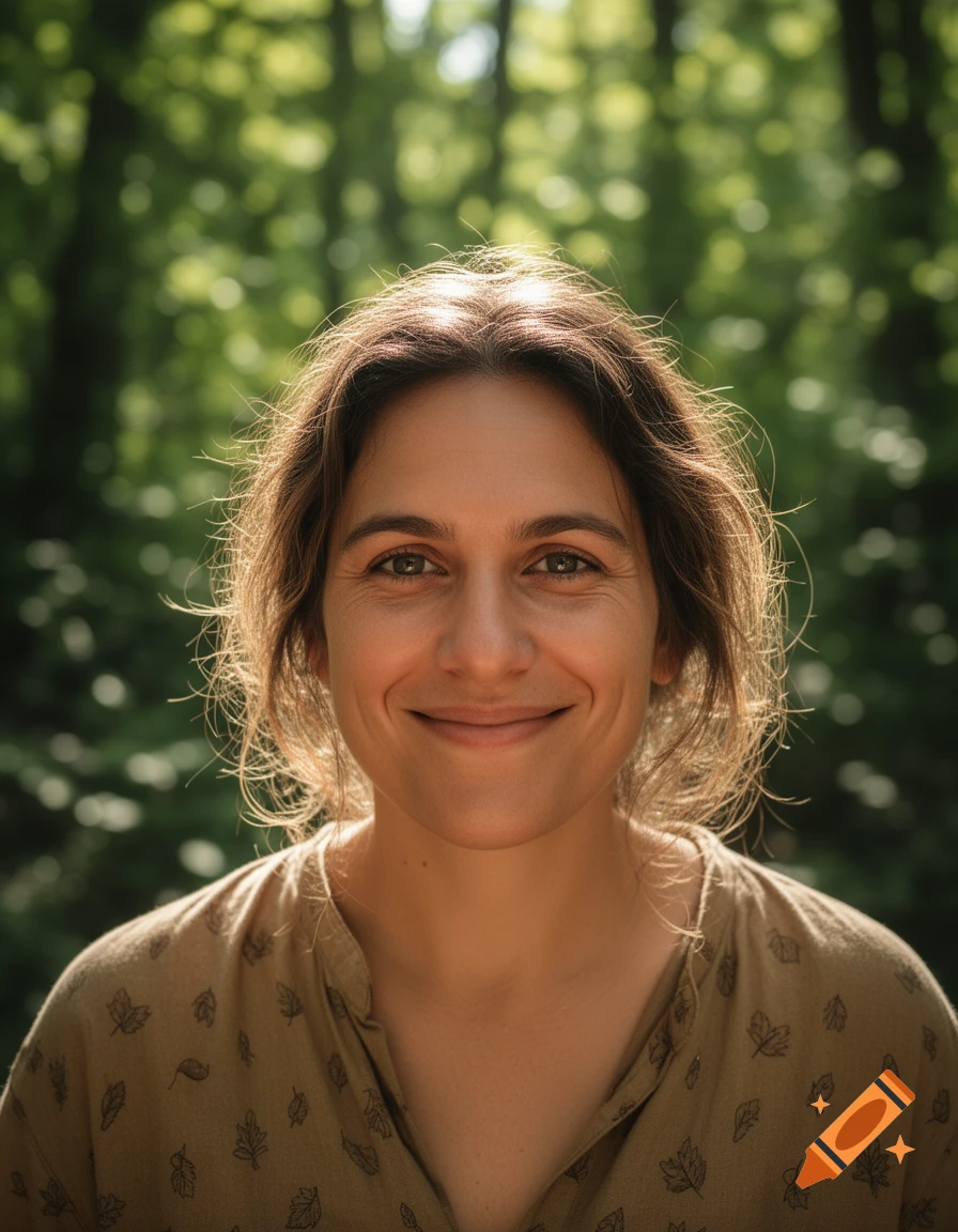A realistic portrait of a smiling woman with brown hair, bathed in sunlight in a forest.