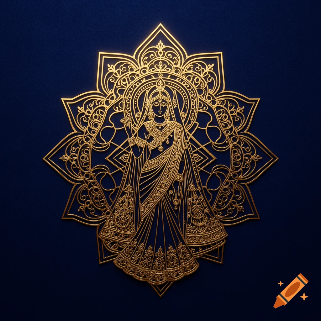 Golden geometric stencil of an Indian bride figure within an intricate mandala on a dark blue background.