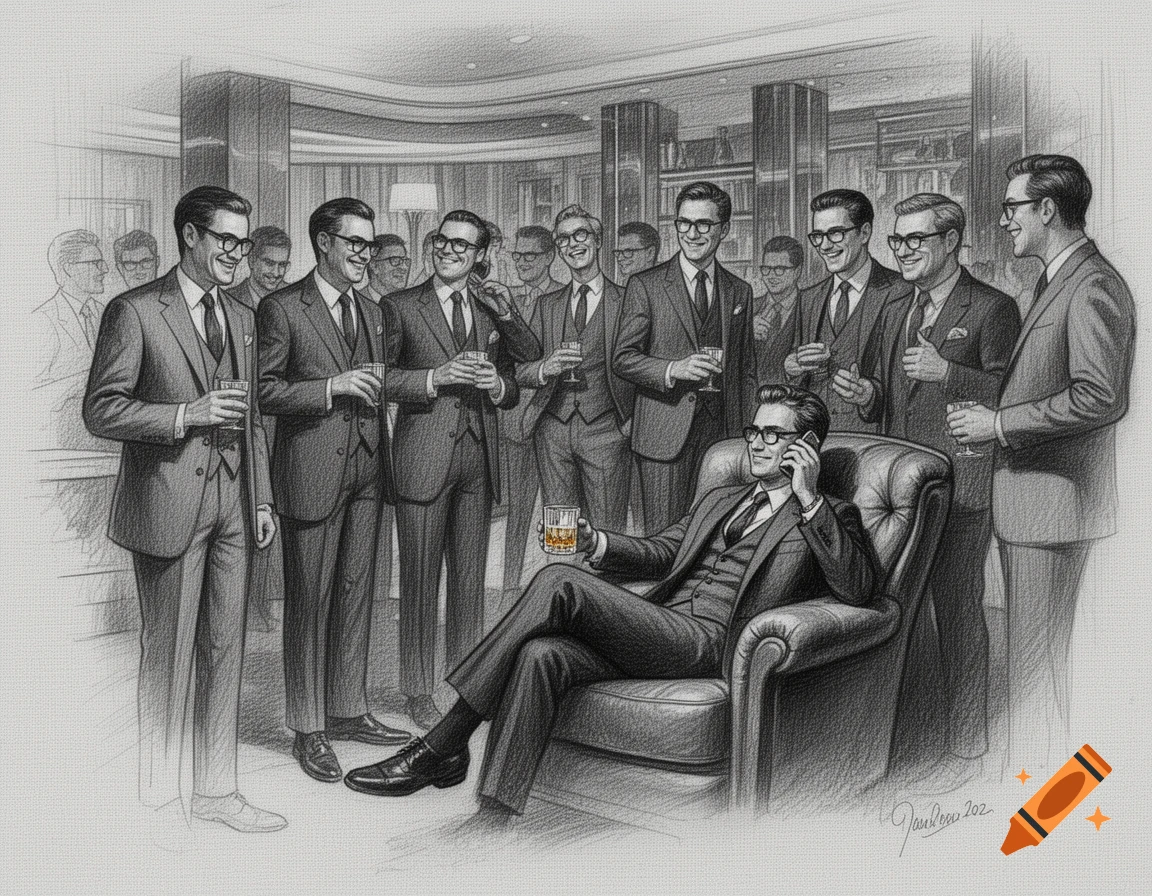 Pencil sketch of stylish men in suits gathering in a luxury lounge, one sits talking on a phone.
