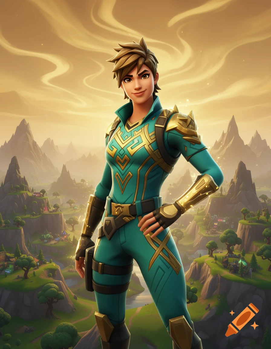 Fortnite-style female character with short brown hair in a teal and gold suit, standing on a cliff overlooking a stylized landscape at sunset.