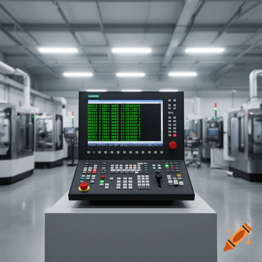 Photorealistic image of a Siemens CNC control panel with green code on screen, in a modern factory setting.