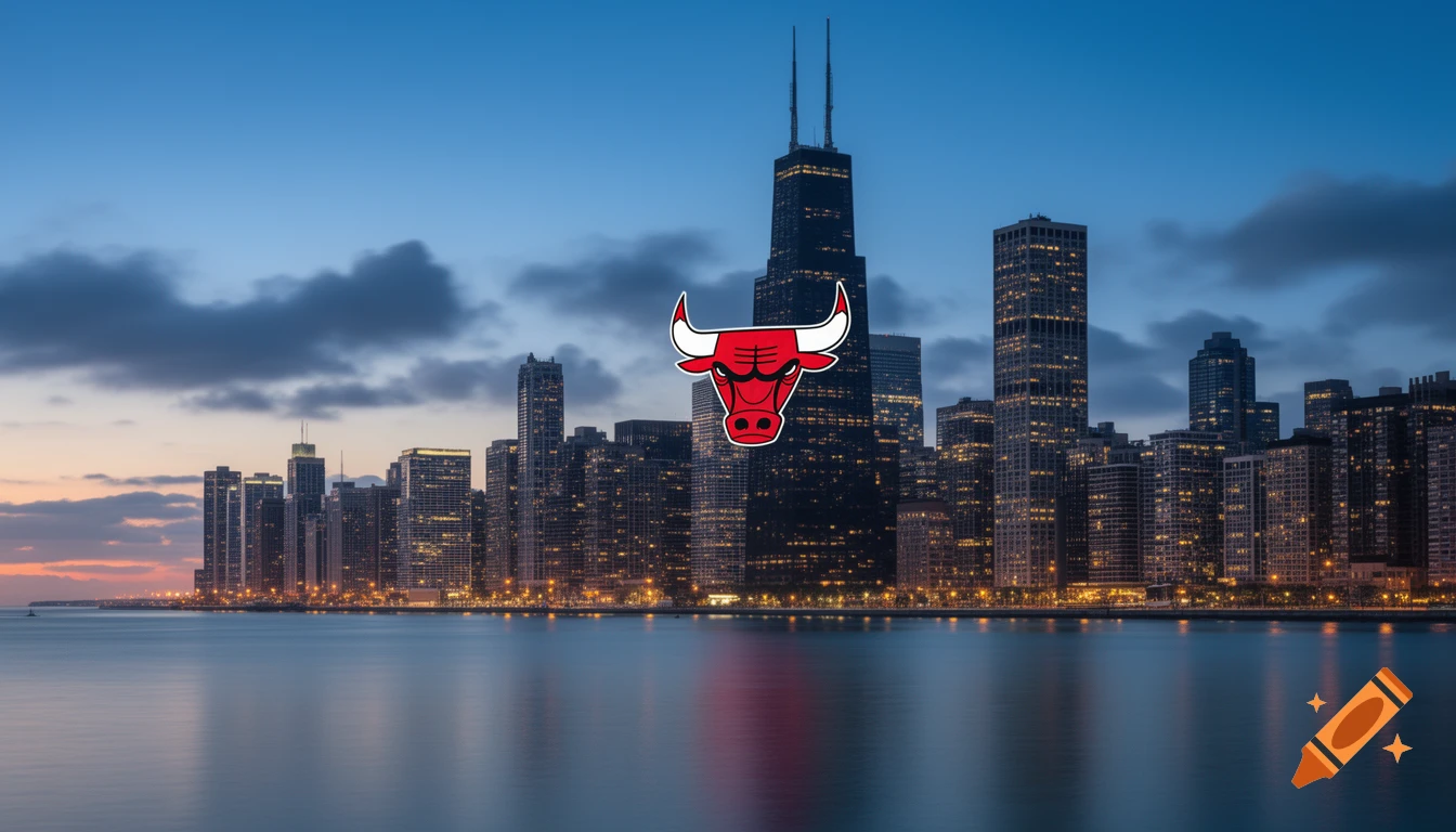A photorealistic image of the Chicago skyline at dusk, with the red and white Chicago Bulls logo centered above the buildings and water.