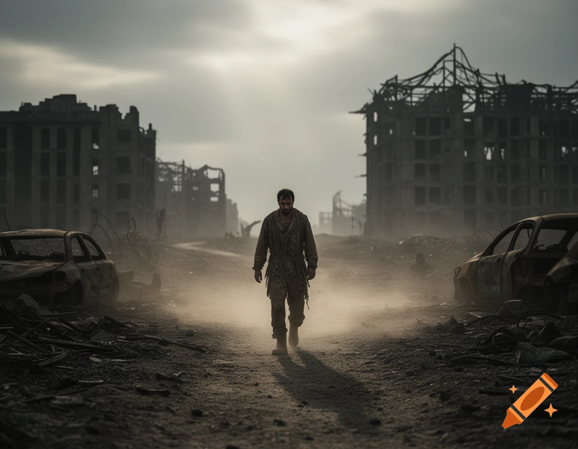 A lone man walks through a dusty, war-torn city with ruined buildings and cars under a cloudy sky, photorealistic.