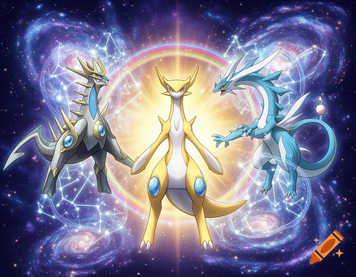 The legendary Pokémon Arceus, Dialga, and Palkia stand among constellations and a rainbow halo in a cosmic space scene.