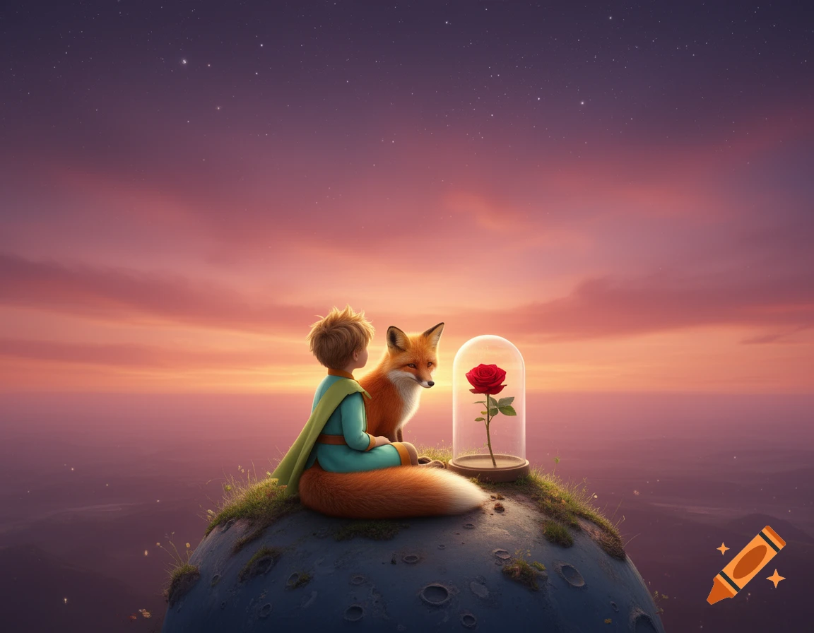 A young boy and a fox sit on a small, cratered planet, gazing at a rose in a glass dome and a vibrant purple and orange sunset sky.