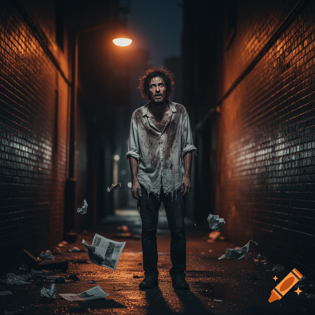 A distressed, blood-stained man with messy hair stands in a dark, trash-strewn alley under a streetlamp.