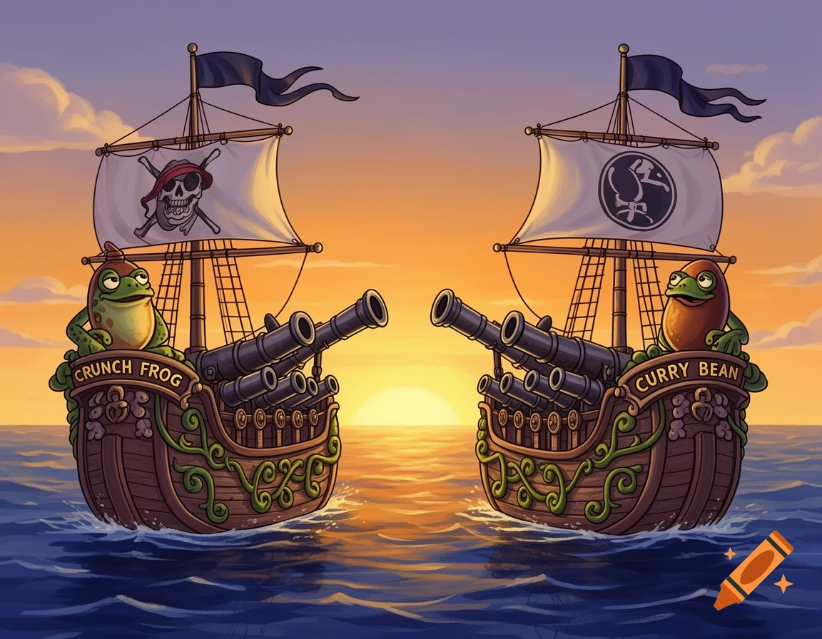 Two cartoon pirate ships with frog and bean characters, labeled 'CRUNCH FROG' and 'CURRY BEAN', aim cannons at each other at sunset.