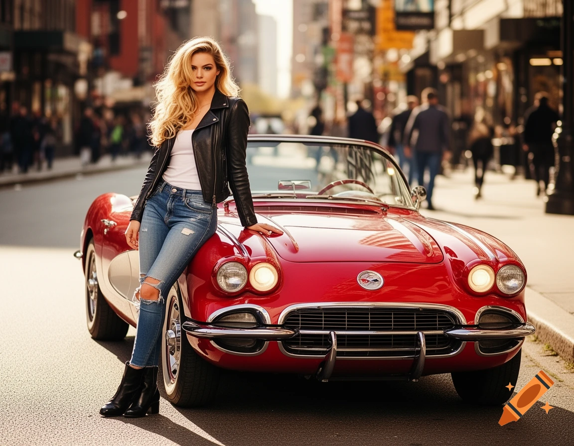 Photorealistic image of a blonde woman in a leather jacket and ripped jeans leaning on a red vintage convertible on a city street.