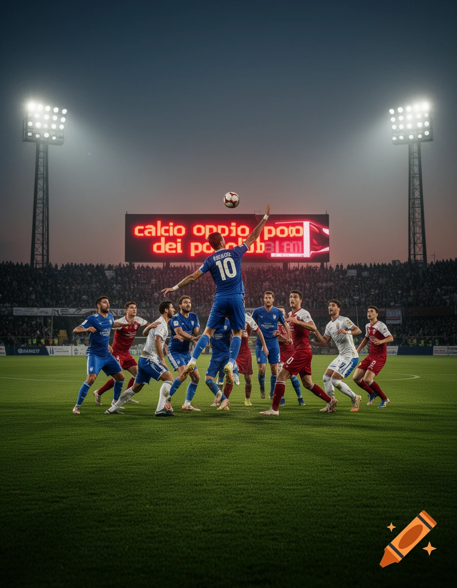 A soccer player in a blue jersey jumps for a ball during a match at night, with 'calcio oppio dei popoli' on a stadium scoreboard.