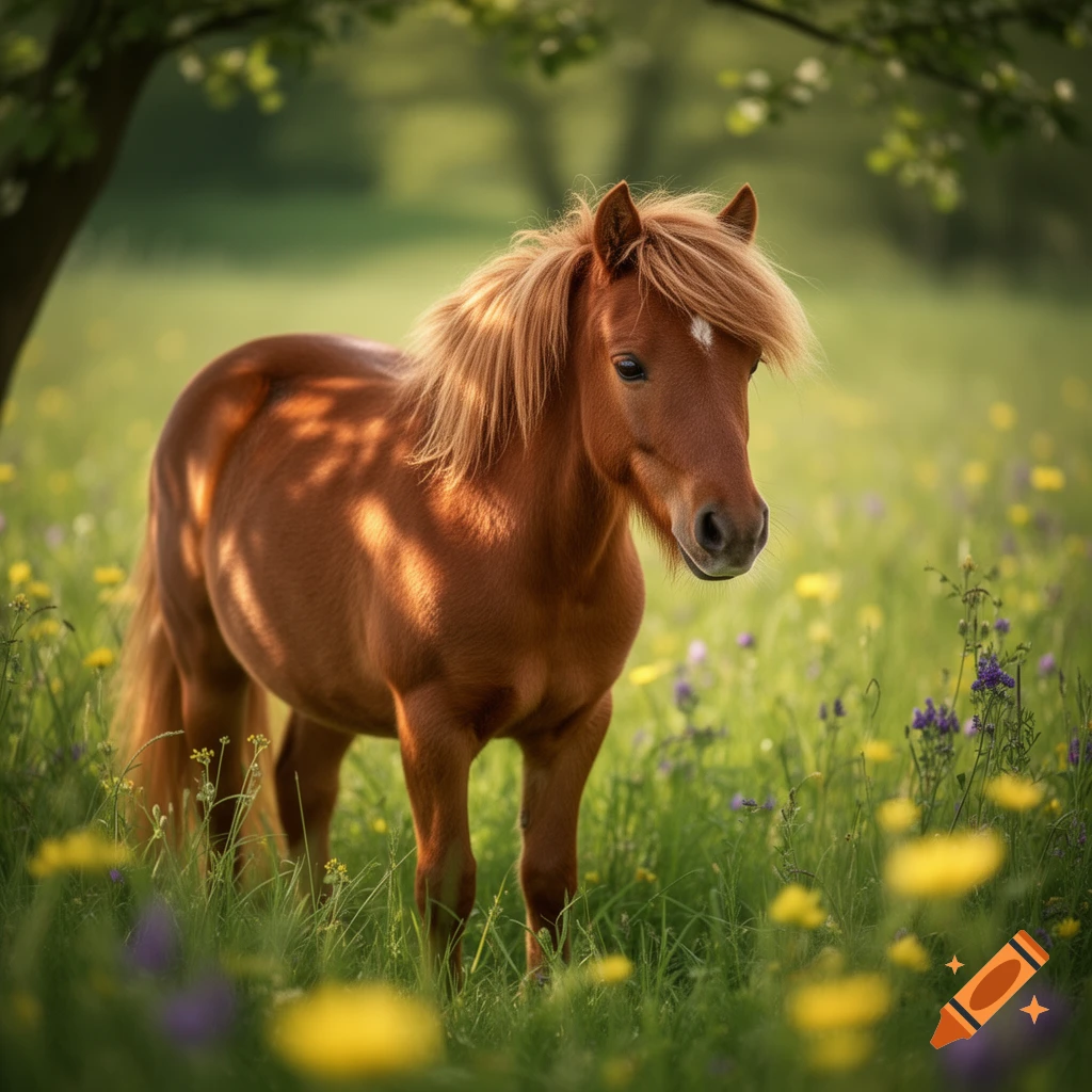 A brown pony with a blonde mane stands in a sunlit meadow filled with yellow and purple wildflowers.