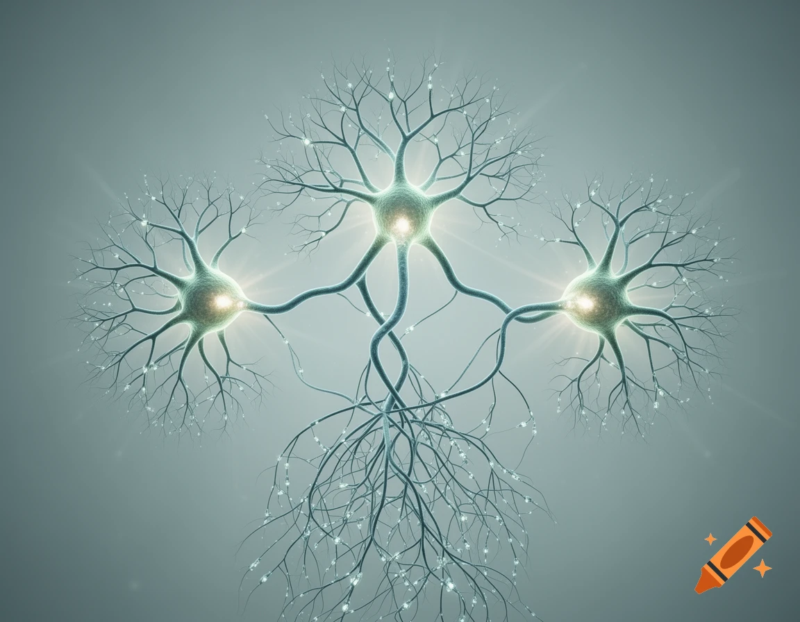 Three glowing neurons with intricate dendrites and connecting axons on a grey background.