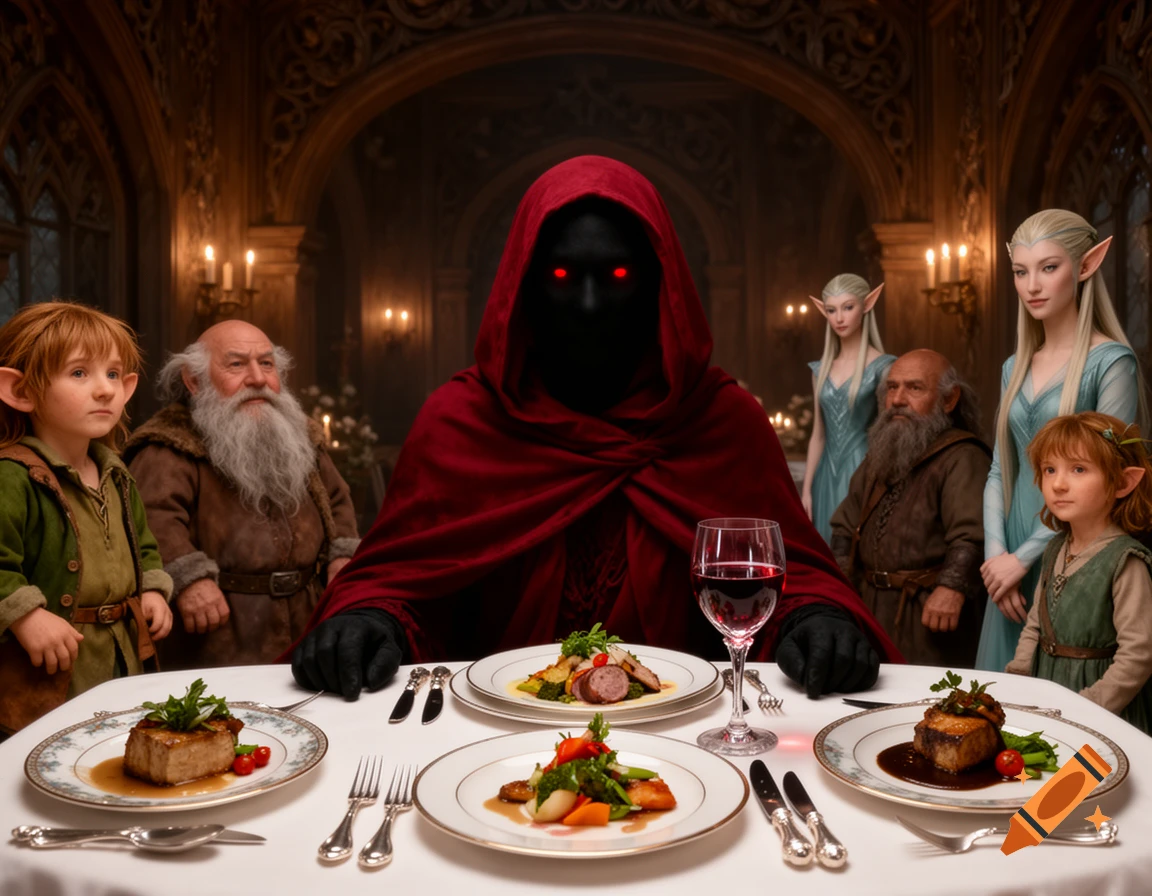 A dark hooded figure with glowing red eyes sits at a grand dining table laden with food and wine, surrounded by hobbits, elves, and dwarves.