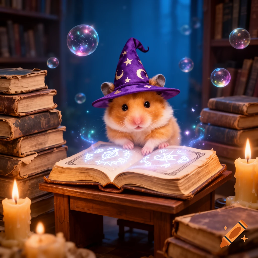 A cute fluffy hamster wearing a purple wizard hat with gold stars reads an open magic book glowing with runes, surrounded by stacks of old books, floating bubbles, and flickering candles in a cozy library setting.