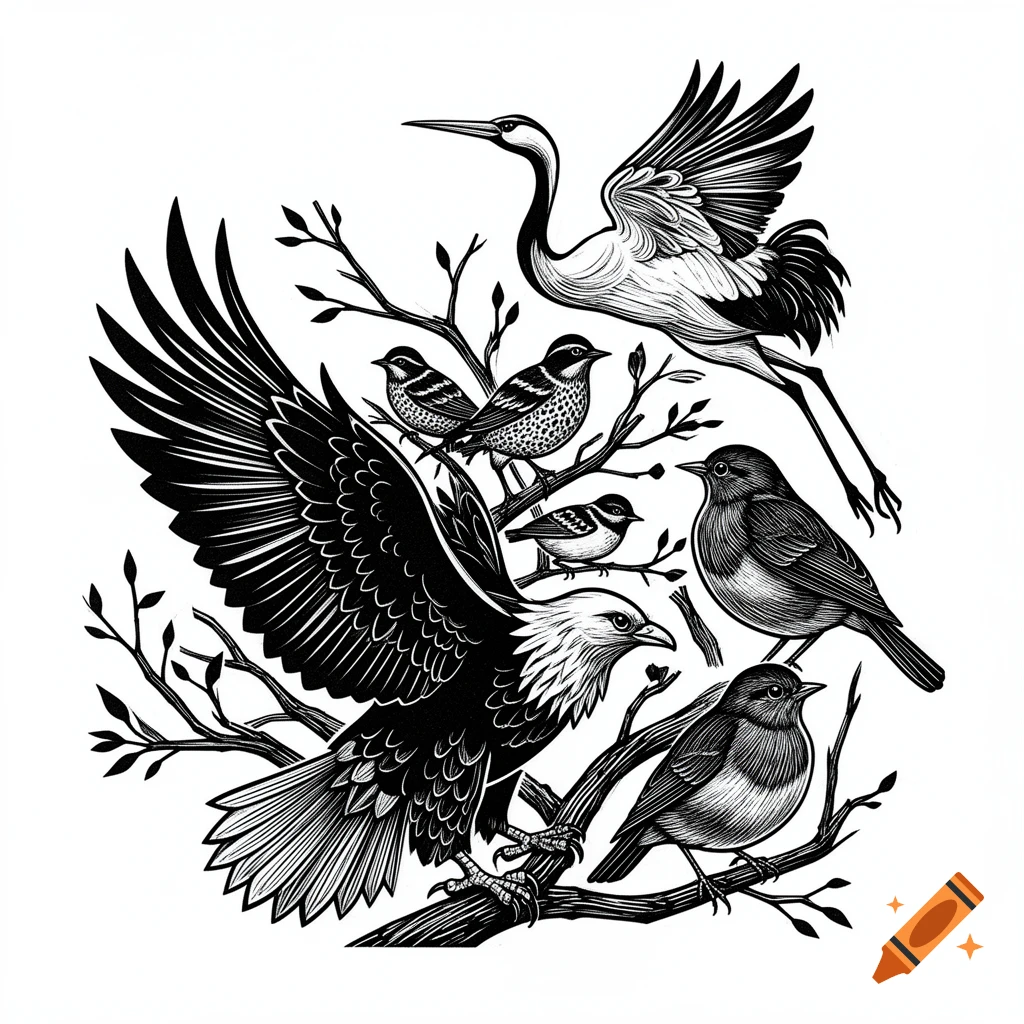 Lino cut illustration of a bald eagle, a crane, and several small birds perched and flying among tree branches.
