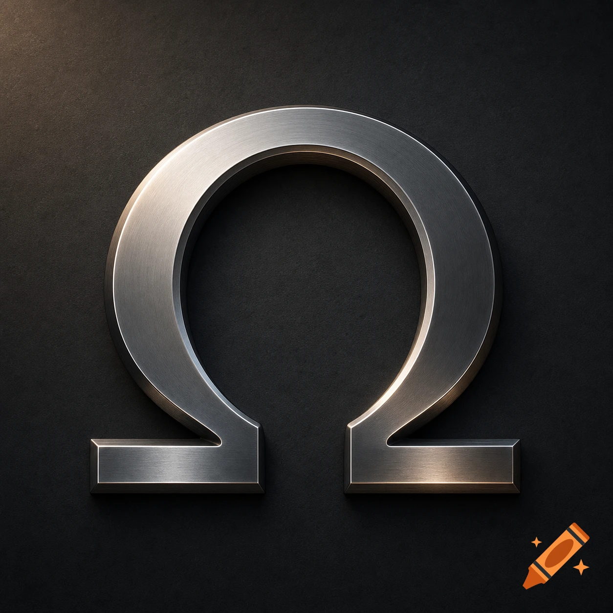 A metallic 3D Greek Omega symbol, brushed silver on a dark, textured background.